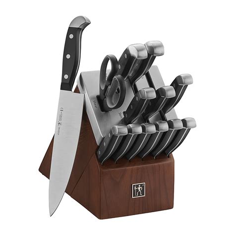 J.a. henckels international statement 14-pc self-sharpening knife block set - The Definition 14-piece self-sharpening knife block features all the knives you need to start your kitchen out right. From the all-rounder 8-inch chef’s knife, perfect for chopping herbs and dicing onions, to the 5-inch serrated utility knife, ideal for cutting soft interior, hard exterior foods, these knives will ensure sharpness and precision.